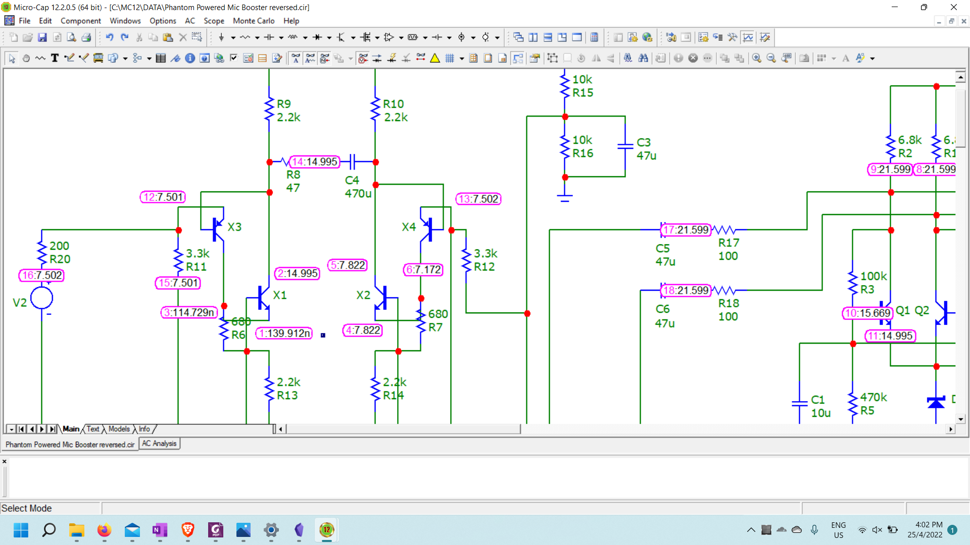 MicroCap simulation showing all the node voltages of the erroneous case